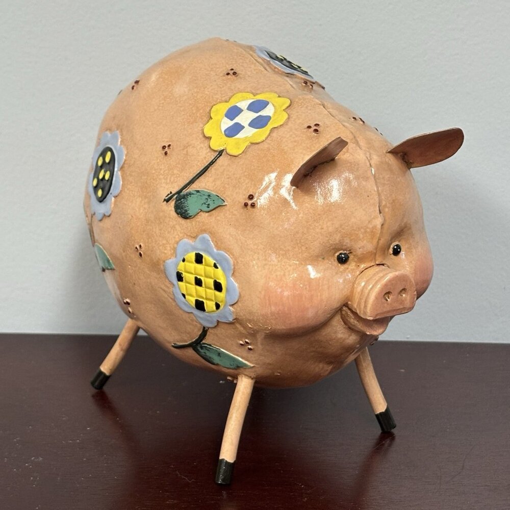 Colourful Painted Whimsical Piggy Daisies & Sunflowers Metal Figure 6.5" x 6.5"